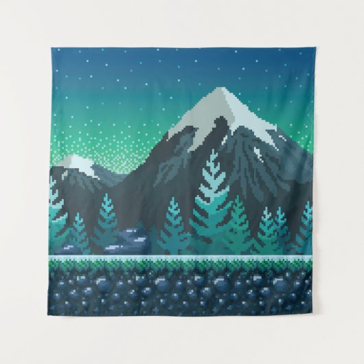 ピクセルアート：雪の山の夜。 タペストリー (正面)