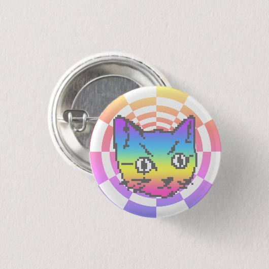 ピクセルキティ猫サイケデリックレインボボタン 缶バッジ (正面&裏面)