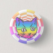 ピクセルキティ猫サイケデリックレインボボタン 缶バッジ (正面)