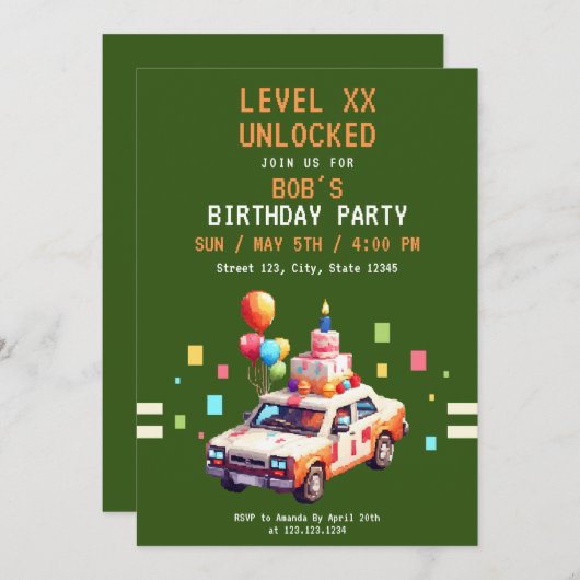 ピクセルグリーン&オレンジカーゲーム誕生日 招待状 (正面/裏面)