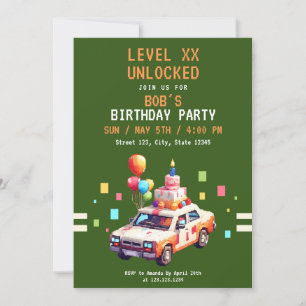 ピクセルグリーン&オレンジカーゲーム誕生日 招待状