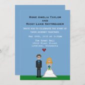 ピクセルゲーマーブロンド花嫁&新郎結婚式の招待 招待状 (正面/裏面)