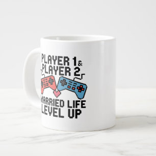 ピクセルゲーミングカップルのレベルアップデザイン ジャンボコーヒーマグカップ