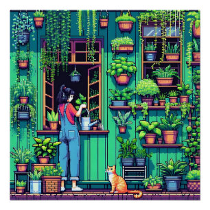 ピクセルパーソナライズされたアートの植物と猫 ポスター