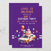 ピクセルパープル&オレンジカーゲーム誕生日 招待状 (正面/裏面)
