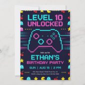 ピクセルビデオゲームパーティーのゲーマー誕生日招待状 招待状 (正面)