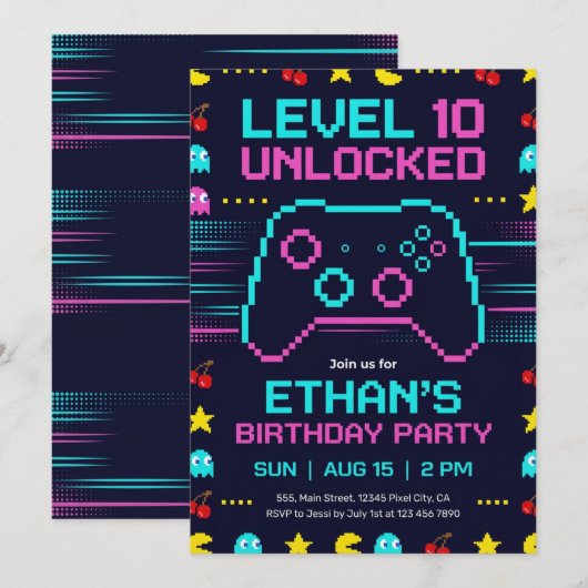 ピクセルビデオゲームパーティーのゲーマー誕生日招待状 招待状 (正面/裏面)