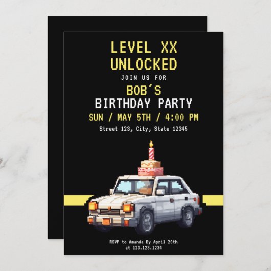 ピクセルブラック&イエローレースゲーム誕生日 招待状 (正面/裏面)