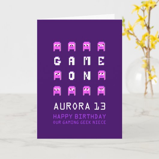 ピクセルモンスターズのゲームのゲーマー姪の13歳の誕生日 カード (黄色い花)