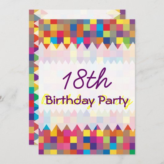 ピクセルレインボースクエアパターン誕生日 招待状 (正面/裏面)