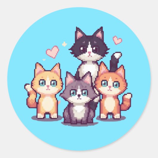 ピクセル化されたカラフルな子猫たち ラウンドシール (正面)