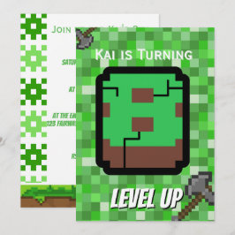 ピクセル化されたゲーマーの緑のレベルアップ8歳の誕生日 招待状