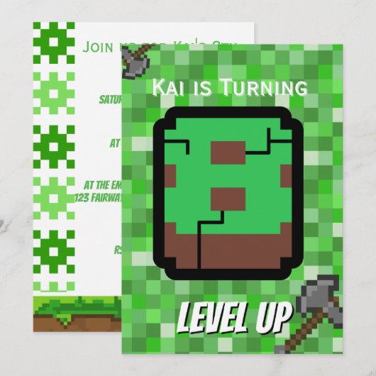 ピクセル化されたゲーマーの緑のレベルアップ8歳の誕生日 招待状 (正面/裏面)