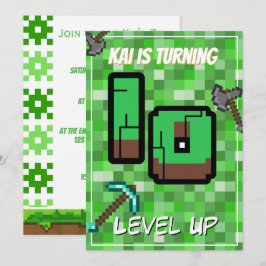 ピクセル化されたゲーマーグリーン レベルアップ 10歳の誕生日 招待状