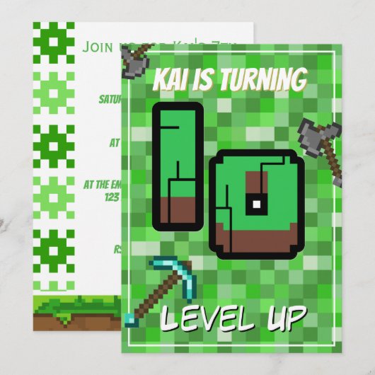 ピクセル化されたゲーマーグリーン レベルアップ 10歳の誕生日 招待状 (正面/裏面)