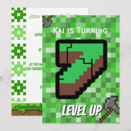 ピクセル化されたゲーマーグリーン レベルアップ 7歳の誕生日 招待状