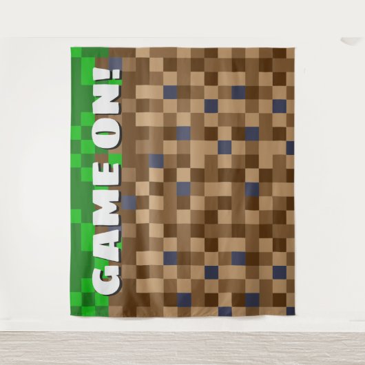 ピクセル化されたブロックゲーム誕生日背景のゲーム タペストリー (正面)