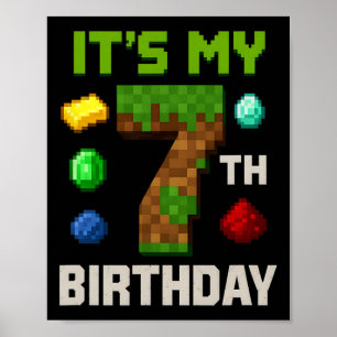 ピクセル化されたレベル7の誕生日キッズゲーマーパーティーデザイン ポスター