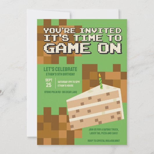 ピクセル化ゲーマーケーキ子供の誕生日招待状 招待状 (正面)