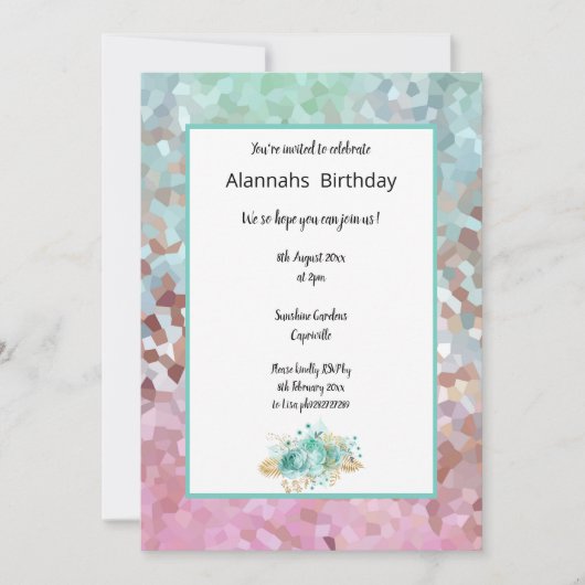 ピクセル化ドリームフローラ誕生日 招待状 (正面)