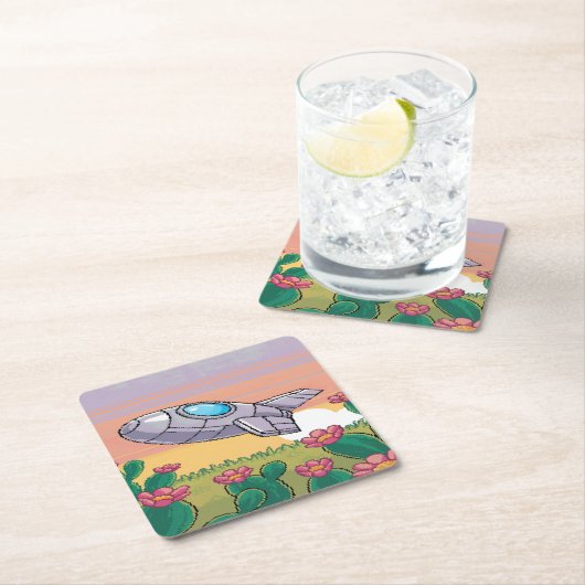 ピクセル宇宙船サボテンのコースターセット スクエアペーパーコースター (インサイチュ)