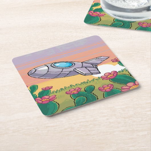 ピクセル宇宙船サボテンのコースターセット スクエアペーパーコースター (アングル)