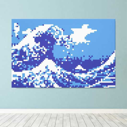 ピクセル津波青8ビットピクセルアート キャンバスプリント (インサイチュ (ウッドフロア))