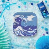 ピクセル津波青8ビットピクセルアート ペーパープレート (パーティー)