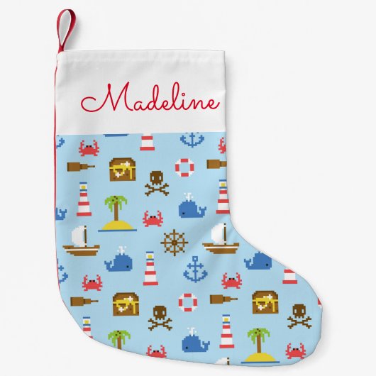 ピクセル海の芸術パターン|はあなたの名前を加えます スモールクリスマスストッキング (正面)