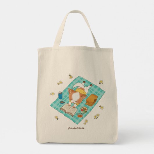 ピクニックかわいいかわいい子犬の食料品トート トートバッグ (裏面)