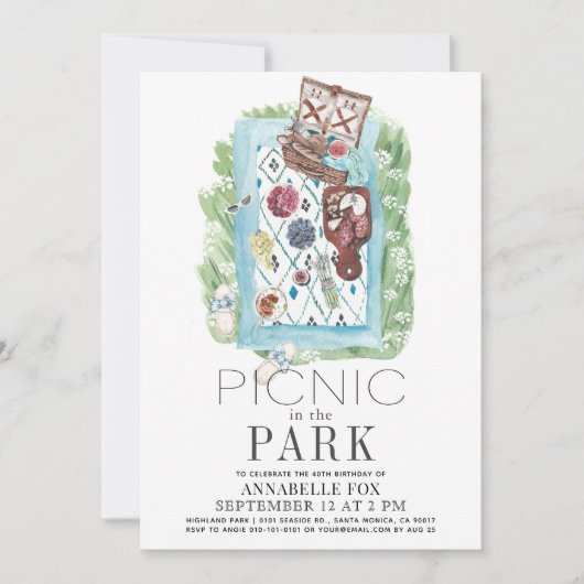 ピクニックインザパークウォーターカラー誕生日 招待状 (正面)