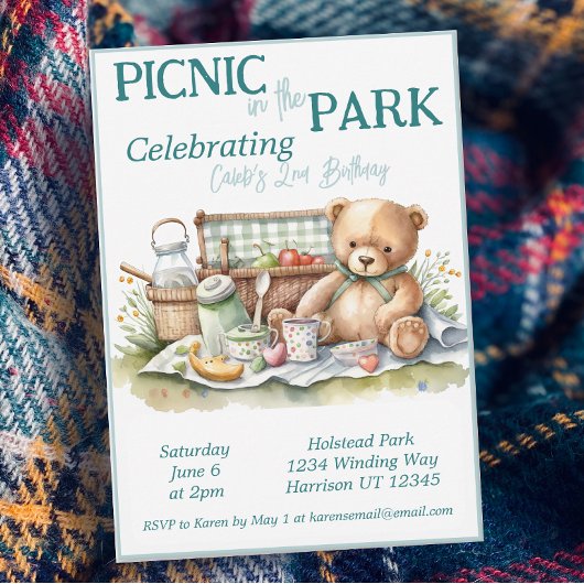 ピクニックインザパークキュートベアー誕生日 招待状