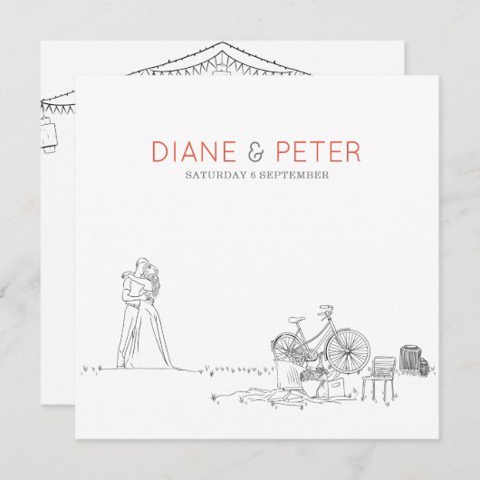 ピクニックガーデンミニマリスト白黒結婚ズ 招待状 (正面/裏面)
