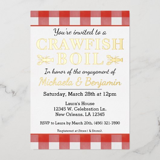 ピクニッククロウフィッシュボイルシーフードパーティー婚約 箔招待状 (正面)