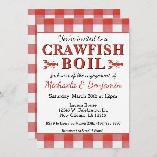 ピクニッククロウフィッシュ魚介類パーティー赤 招待状 (正面/裏面)