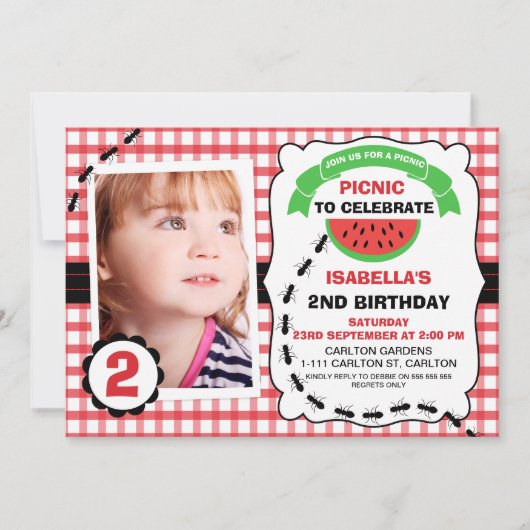 ピクニックスイカ写真誕生日パーティーの招待 招待状 (正面)