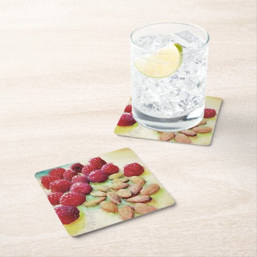 ピクニックスナックラズベリーズアルモンズ水彩 スクエアペーパーコースター (インサイチュ)