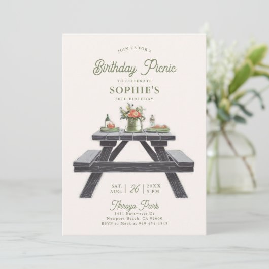 ピクニックテーブエレガントルモダンサマー50誕生日 招待状 (スタンド正面)