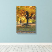 ピクニックテーブルと秋のシーン。 キャンバスプリント (インサイチュ (ウッドフロア))