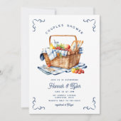 ピクニックバスケットネイビーブルーカップルズブライダルシャワー 招待状 (正面)