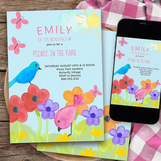 ピクニックバースデーパーティカラフルキッズガーデン 招待状