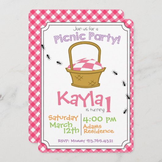 ピクニックパーティーの誕生日の招待状 招待状 (正面/裏面)
