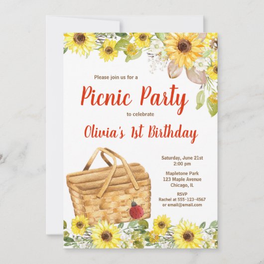 ピクニックパーティーひまわり夏の誕生日ガール 招待状 (正面)