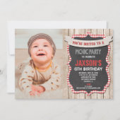 ピクニックパーティー誕生日の赤い白いギンガムの写真 招待状 (正面)