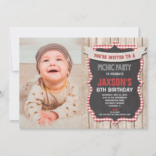 ピクニックパーティー誕生日の赤い白いギンガムの写真 招待状 (正面)