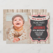 ピクニックパーティー誕生日の赤い白いギンガムの写真 招待状 (正面/裏面)