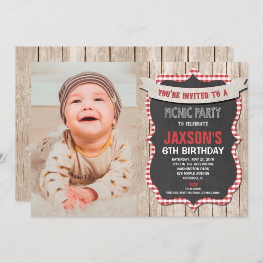 ピクニックパーティー誕生日の赤い白いギンガムの写真 招待状 (正面/裏面)