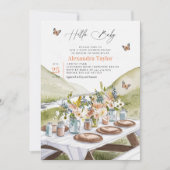 ピクニックピーチワイルドフラワー蝶ベビーシャワー 招待状 (正面)