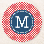 ピクニックレッドカントリーギンガムパーソナライズモノグラム ラウンドペーパーコースター (正面)