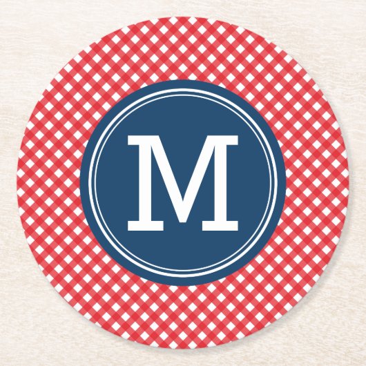 ピクニックレッドカントリーギンガムパーソナライズモノグラム ラウンドペーパーコースター (正面)